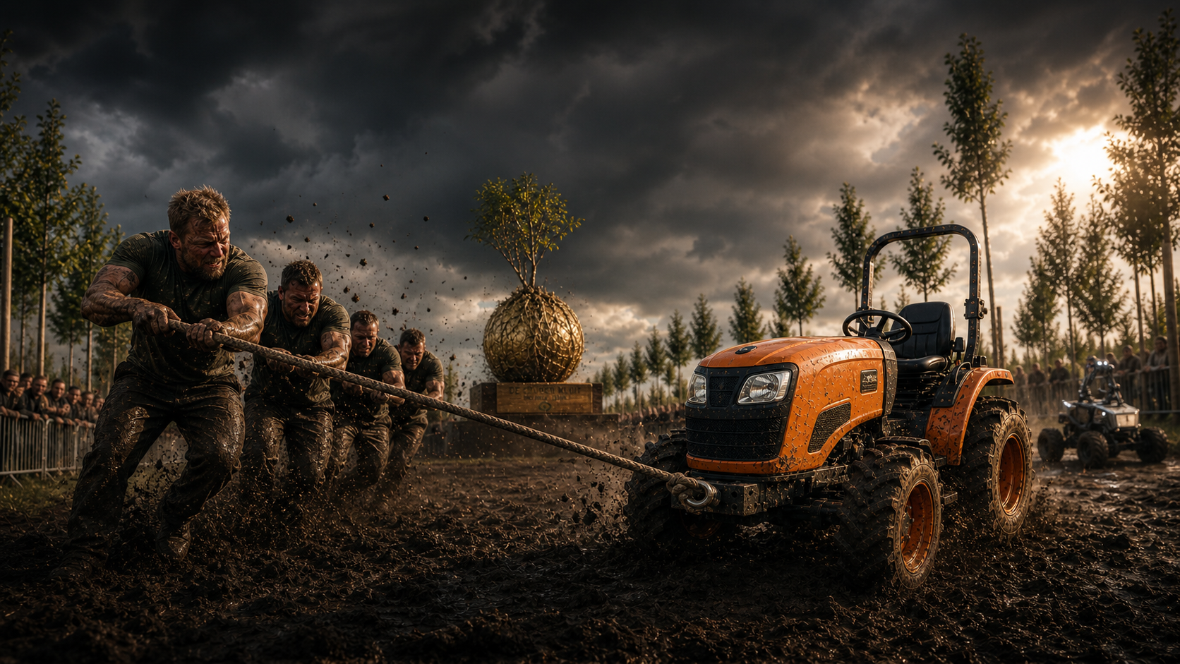 Boomkwekerspelen met een trekker en boom op het evenemententerrein